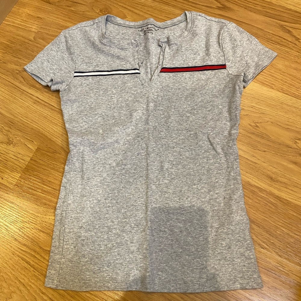 Tommy Hilfiger Gray Top with Red and Black Accents